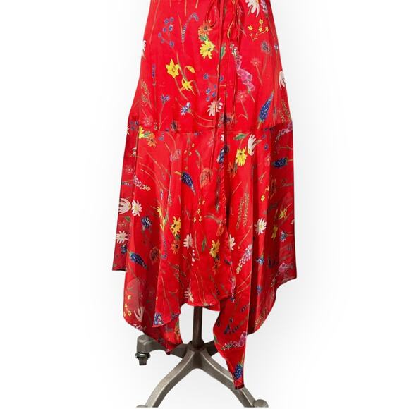 THE KOOPLES Motif Floral Midi Dress Handkerchief Hem Festival Coquette Boho Red - Picture 8 of 13